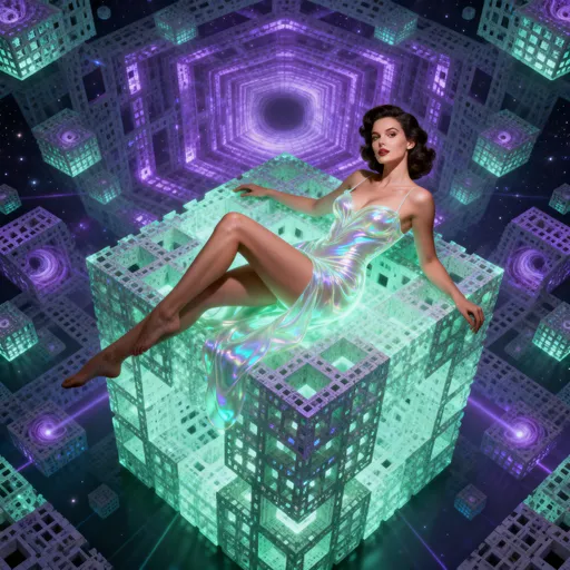 Prompt: The Fractal Dreamer
Prompt: "An ultra-realistic, highly detailed cinematic portrait of a beautiful human pin-up lady (full body shot, elegant pose, looking directly at the viewer). She is reclining effortlessly on a massive, three-dimensional, glowing Menger Sponge fractal that stretches into a cosmic, infinitely repeating background. Her dress is a fluid, iridescent material that appears to be made of solidified light, subtly echoing the fractal patterns beneath her. Intense, high-key studio lighting illuminates her face, while the background fractal structure glows with soft, swirling purple and emerald light, creating an overwhelming sense of infinite depth and structural perfection. Style: 8K photorealistic render, volumetric light rays, golden ratio composition, perfect skin texture, hyper-detailed fractal geometry."