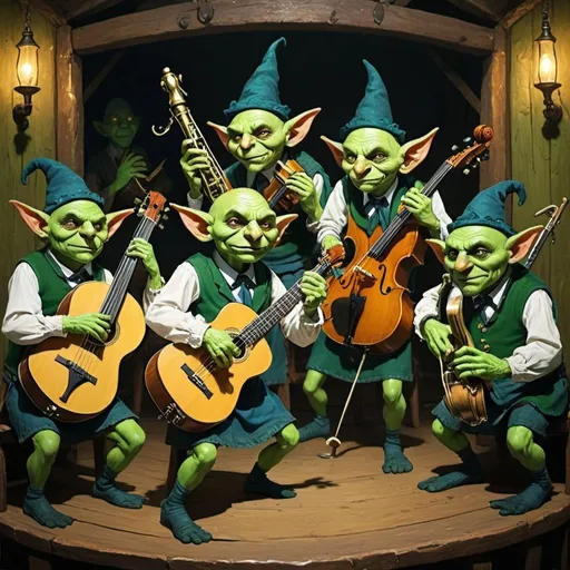 Prompt: Under a green sky, in a tavern filled with humans and green-skinned goblins listening to music, the image is centered on a klezmer band on a stage, the band is made up of humans and green-skinned goblins and blue-skinned goblins, the goblins are half the size of the humans, the goblins have guitars and a standing bass and a cello, the humans are playing a trumpet and a clarinet
