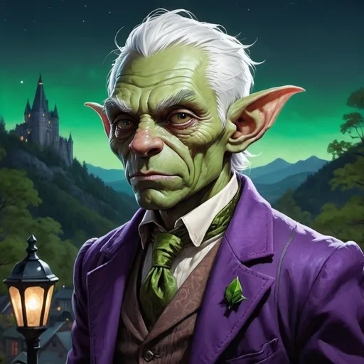 Prompt: Under a dark green sky, a portrait of a male goblin with wrinkly green skin and high cheekbones and white hair and a purple Victorian-era suit, a city in a forested mountain valley in the background with streetlights that glow bright blue