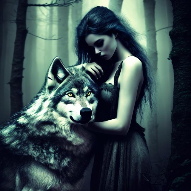 Prompt: Woman and wolf in a moonlit forest, high-res, detailed photography, mystical, ethereal, dark tones, moonlit, detailed fur, intense gaze, mysterious atmosphere, dense foliage, moonlight casting shadows, misty, haunting, hauntingly beautiful, detailed eyes, mystical, professional photography