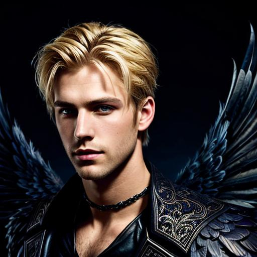 Prompt: Fantasy illustration of a blonde, attractive man with semi short hair, from afar,  tall man in a corner, high contrast, detailed feather texture, dark, mysterious, best quality, fantasy,  dark romance, night, shadow behind, detailed eyes, Black wings, demon