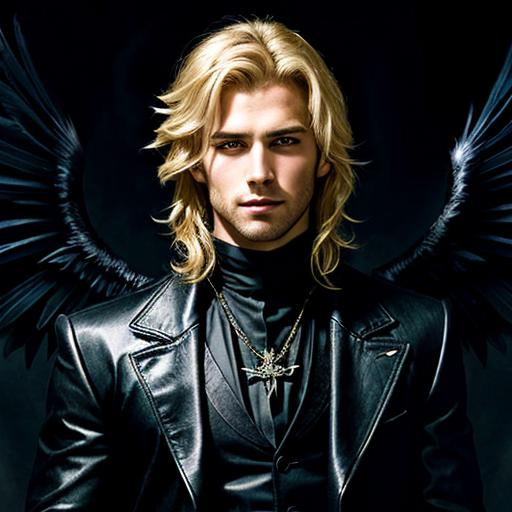 Prompt: Fantasy illustration of a blonde, attractive man with medium  hair, black angel, mysterious gaze, in a black clothes, demon, high contrast, detailed feather texture, dark, mysterious, best quality, fantasy,  dark romance, night, in the shadows,  dark eyes, Black wings, dark corner 