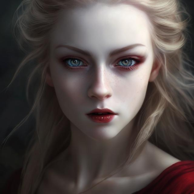 Prompt: High resolution, photo-realistic portrait of a young woman with blonde hair, pale complexion, and red pupils, dark and  subtle shadows, , dark fantasy, , haunting beauty, vampire female, 