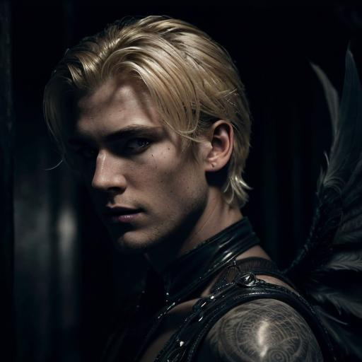 Prompt: Fantasy illustration of a blonde, attractive man with semi short hair, from afar,  tall man in a corner, high contrast, detailed feather texture, dark, mysterious, best quality, fantasy,  dark romance, night, shadow behind, detailed eyes, Black wings, demon