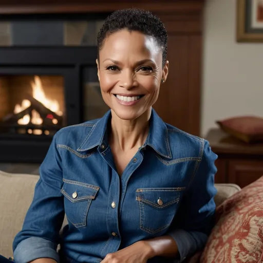Prompt: Hyper-realistic photograph of smiling 49 year old actress Thandiwe Newton with fine lines and pulled back hair portraying Sandra Guidry in 'God's Country' wearing denim shirt and denim jeans relaxing on couch in living room with fireplace.
