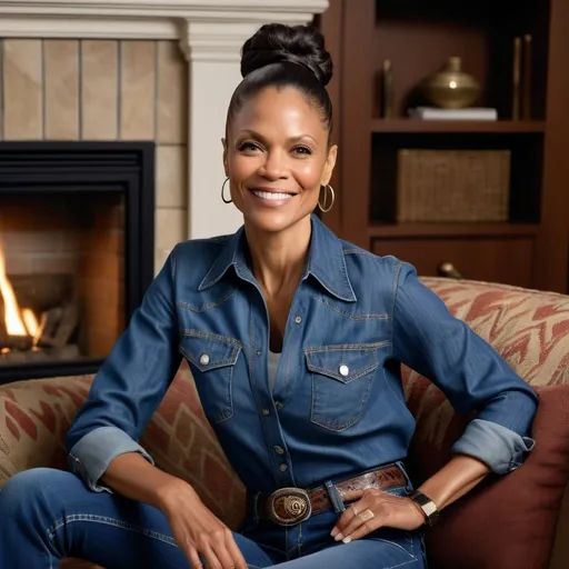 Prompt: Hyper-realistic photograph of smiling 49 year old actress Thandiwe Newton with fine lines portraying Sandra Guidry in 'God's Country' wearing denim shirt and denim jeans relaxing on couch in living room with fireplace.