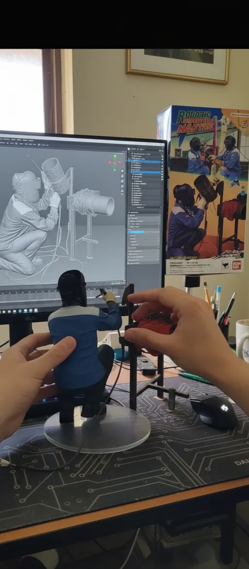 Prompt: Nure two hand gently pick up the figure on the frame and rotate it slightly for inspection. The model in the packaging box remain stationary, while all other background elements stay unchanged. Rasio 9:16