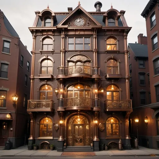 Prompt: Make me a three story steampunk themed city townhouse. With the basement being a steampunk medical laboratory, the Main floor a medical clinic, and the upper floor being apartments.