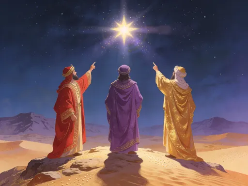 Prompt: An image of the three wise men from the Bible pointing towards the new star they have discovered in the sky.

