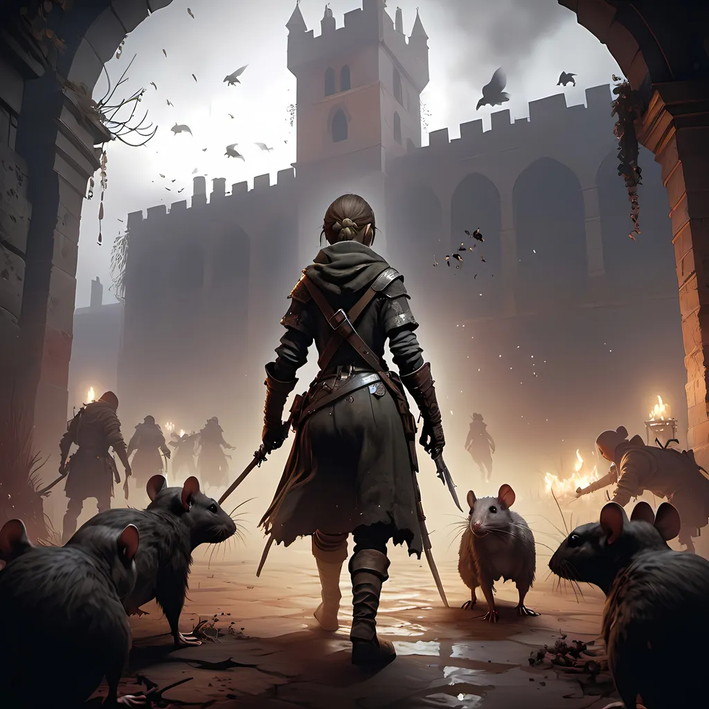 Prompt: Une image inspirée de Plague Tale: Innocence montrant l'inquisiteur mort, une horde de rats en arrière-plan, avec "100% achievements" discrètement au centre.