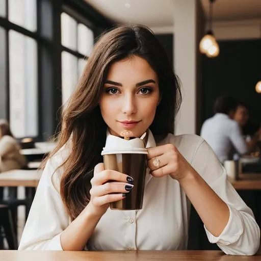 Prompt: Beautiful lady drinking coffee looking at you 
