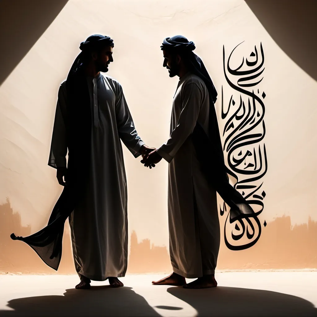 Prompt: two arab men in love calligraphy  abstract shadow


