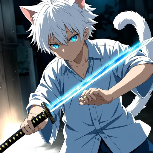 Prompt: anime, boy, white hair, cat ear, white shirt, fluffy tail, glow blue eye, handing a katana sword 