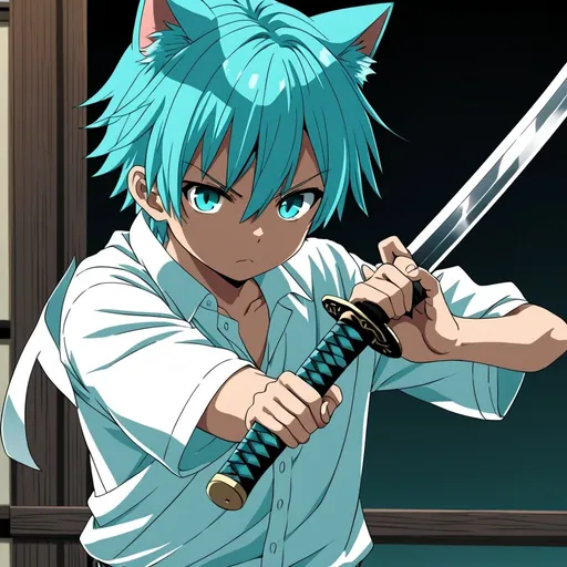 Prompt: anime, boy, cyan hair, cat ear, white shirt, handing a katana sword 