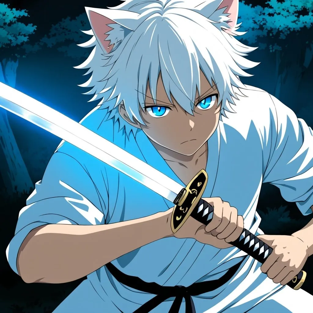 Prompt: anime, boy, white hair, cat ear, white shirt, fluffy tail, glow blue eye, handing a katana sword 