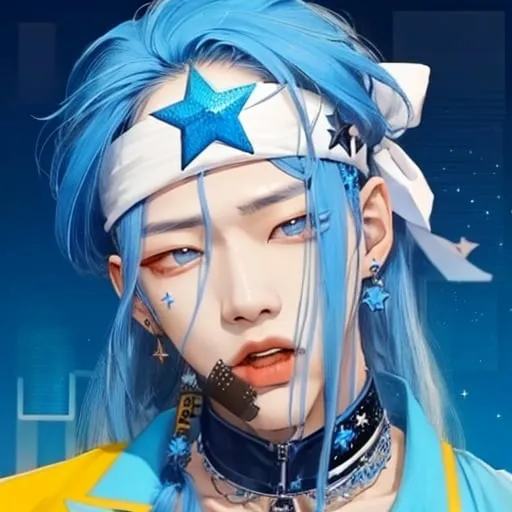 Prompt: A handsome korean 20 year old with blue long hair and a star head band