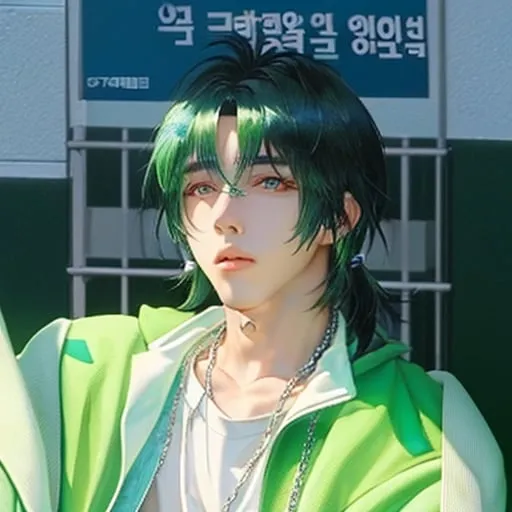 Prompt: A korean 20 year old who has a beautiful mullet and beautiful blue eyes.
He is wearing a green zip up jacket and a white shirt. He is wearing a chain