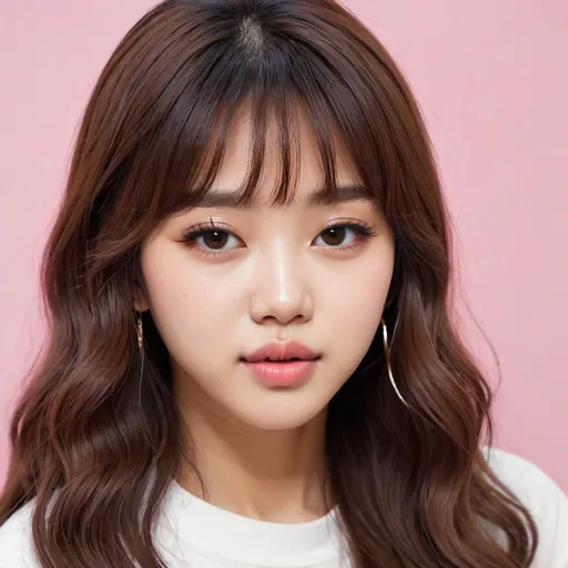 Prompt: A beautiful Thai girl with wavy brown hair and choppy bangs. she has big lips and a skinny face. She is a member of the k-pop group Black Pink