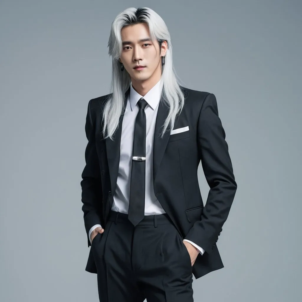 Prompt: A full body hot man with long black and white hair in a style of a K-pop mullet. He is wearing a K-drama styled suit and tie.