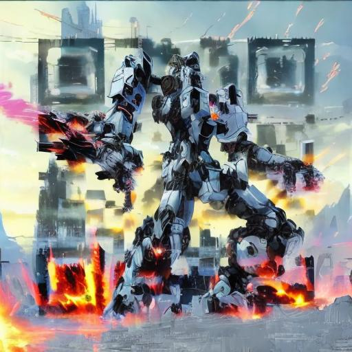 Prompt: masterpiece, best quality, mecha, no humans, black armor, blue eyes, science fiction, fire, laser canon beam, war, conflict, destroyed city background