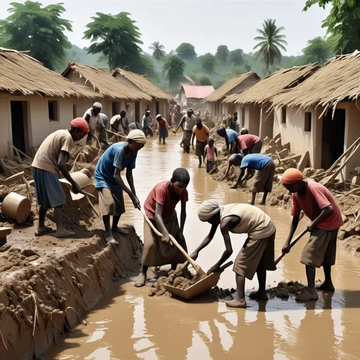 Prompt: A very clear ultra HD byanimc image of 5. Image 5 (Villagers Working Together):
After the flood, the villagers are seen working in unison, rebuilding their homes and clearing debris. The image shows people of all ages, from children to elderly, all contributing in some way. The community spirit is visible as they share tools, help each other, and demonstrate strength and resilience