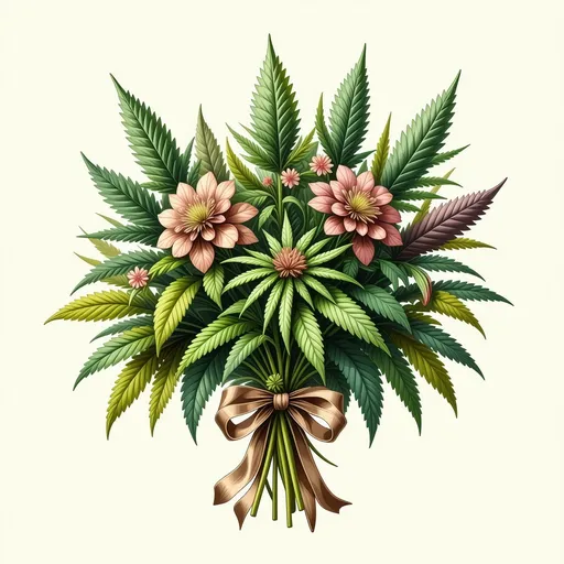 Prompt: a 2d illustration A bouquet of cannabis flowers. romantic with a bow t shirt design
