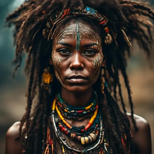 Prompt: A woman portrait in Midjourney <mymodel> style, ...beautiful african tribe woman, tribal markings, very detailed eye and iris, rasta hair, she is looking straight into the camera, full body, ultra-detailed, texture, bokeh, black background