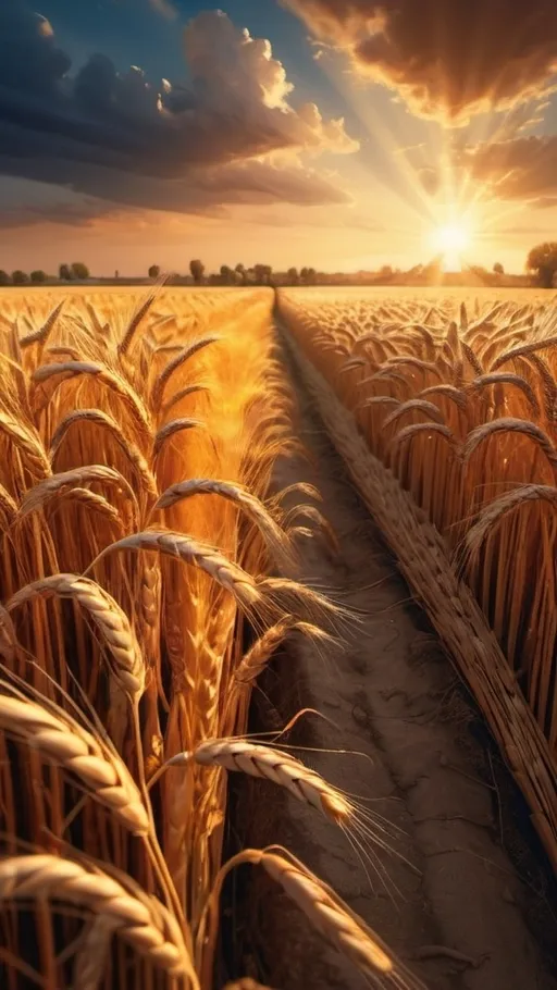 Prompt: Hyperrealistic sunset over a golden wheat field, extremely detailed landscape, ultra high resolution, photorealistic rendering, intricate cloud formations with vibrant orange and deep blue hues, sun rays piercing through clouds, individual wheat stalks visible, textured dirt path, panoramic wide-angle view, golden hour lighting, sharp focus throughout, high dynamic range, 8K quality, professional nature photography, extreme detail in foreground and background, lifelike atmospheric perspective