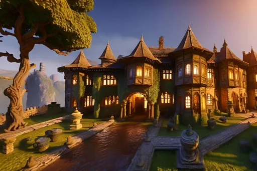 Prompt: Highly detailed ancient, majestic manor house, surrounded by huge trees, exotic gardens, vineyards, small village, weathered stone walls with intricate carvings, winding river, picturesque landscape, stunning mountains, detailed design, lush greenery, high quality, realistic rendering, traditional, natural lighting, warm earthy tones, detailed foliage