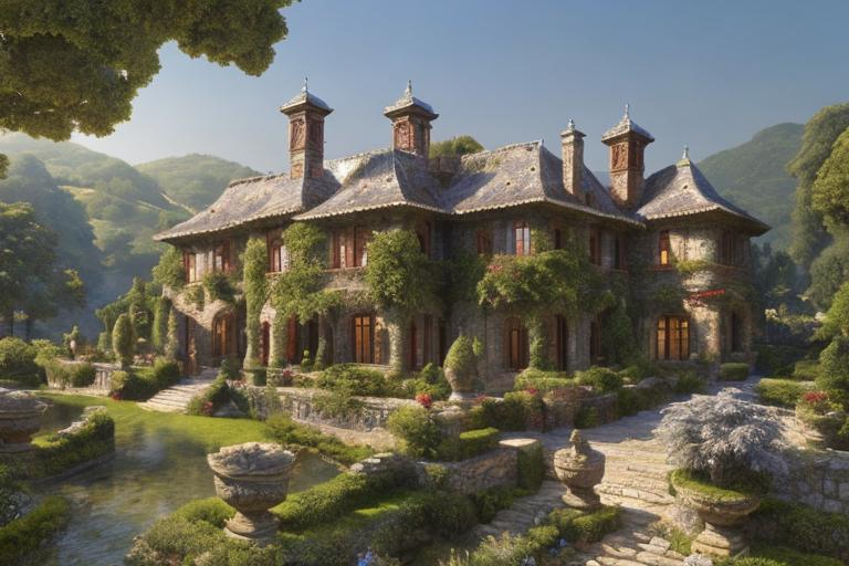 Prompt: Highly detailed art nuovo majestic manor house, surrounded by huge trees, exotic gardens, vineyards, small village, weathered stone walls with intricate carvings, winding river, picturesque landscape, stunning mountains, detailed architectural design, lush greenery, high quality, realistic rendering, traditional, natural lighting, warm earthy tones, detailed foliage