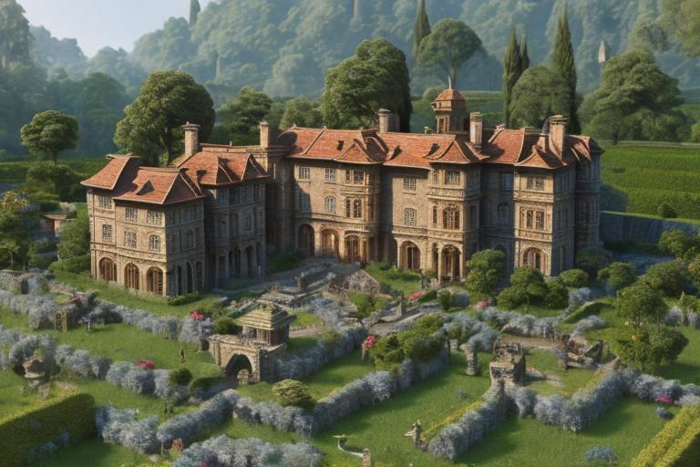Prompt: Highly detailed ancient, majestic manor house, surrounded by huge trees, exotic gardens, vineyards, small village, weathered stone walls with intricate carvings, winding river, picturesque landscape, stunning mountains, detailed architectural design, lush greenery, high quality, realistic rendering, traditional, natural lighting, warm earthy tones, detailed foliage