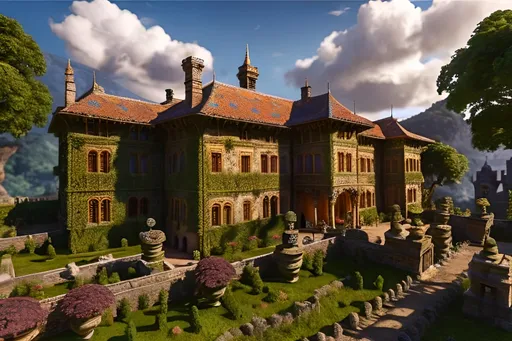 Prompt: Highly detailed ancient, majestic manor house, surrounded by huge trees, exotic gardens, vineyards, small village, weathered stone walls with intricate carvings, winding river, picturesque landscape, stunning mountains, detailed design, lush greenery, high quality, realistic rendering, traditional, natural lighting, warm earthy tones, detailed foliage