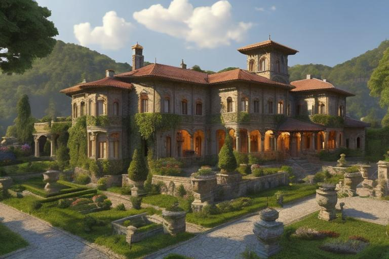 Prompt: Highly detailed art nuovo majestic manor house, surrounded by huge trees, exotic gardens, vineyards, small village, weathered stone walls with intricate carvings, winding river, picturesque landscape, stunning mountains, detailed architectural design, lush greenery, high quality, realistic rendering, traditional, natural lighting, warm earthy tones, detailed foliage