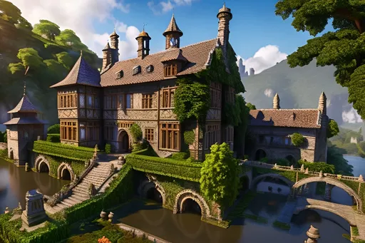 Prompt: Highly detailed ancient, majestic manor house, surrounded by huge trees, exotic gardens, vineyards, small village, weathered stone walls with intricate carvings, winding river, picturesque landscape, stunning mountains, detailed design, lush greenery, high quality, realistic rendering, traditional, natural lighting, warm earthy tones, detailed foliage
