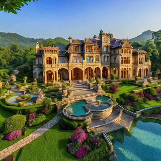 Prompt: Majestic manor house, surrounded by huge trees, exotic gardens, vineyards, small village, weathered stone walls with intricate carvings, winding river, picturesque landscape, stunning mountains, detailed architectural design, lush greenery, high quality, realistic rendering, traditional, natural lighting, warm earthy tones, detailed foliage