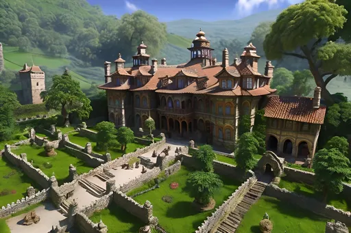 Prompt: Highly detailed ancient, majestic manor house, surrounded by huge trees, exotic gardens, vineyards, small village, weathered stone walls with intricate carvings, winding river, picturesque landscape, stunning mountains, detailed design, lush greenery, high quality, realistic rendering, traditional, natural lighting, warm earthy tones, detailed foliage