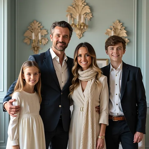 Prompt: In an elegantly decorated indoor space, a family poses together, radiating warmth and joy. The backdrop features soft blue walls adorned with ornate wall sconces and decorative plates, giving a sense of sophistication. The family consists of four members; a man in a sharp suit stands confidently at the center, while a woman beside him wears a stylish outfit complemented by a graceful scarf. They are flanked by their two children: a young girl in a light-colored dress with a playful smile, and a teenage boy sporting a casual yet smart look. The soft lighting enhances the inviting atmosphere, hinting at a celebratory moment shared among loved ones, capturing the essence of togetherness and happiness.