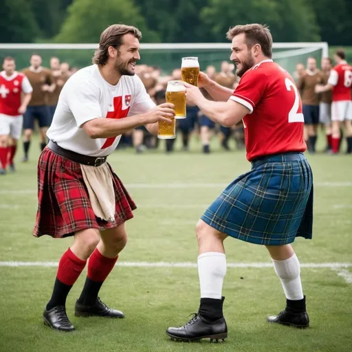 Prompt: 2 male football player - one swiss with some chocolate and cheese and one scottish with traditional skirt and beer fighting ona football field