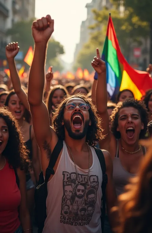 Prompt: Viva la revolución, a dynamic scene showcasing a passionate gathering of diverse individuals, vibrant colors radiating energy and spirit, intense expressions reflecting conviction, dramatic lighting casting bold shadows, banners of unity waving, in a city street filled with an atmosphere of hope and determination, ultra-detailed, cinematic, capturing the essence of a transformative movement, 4K quality.