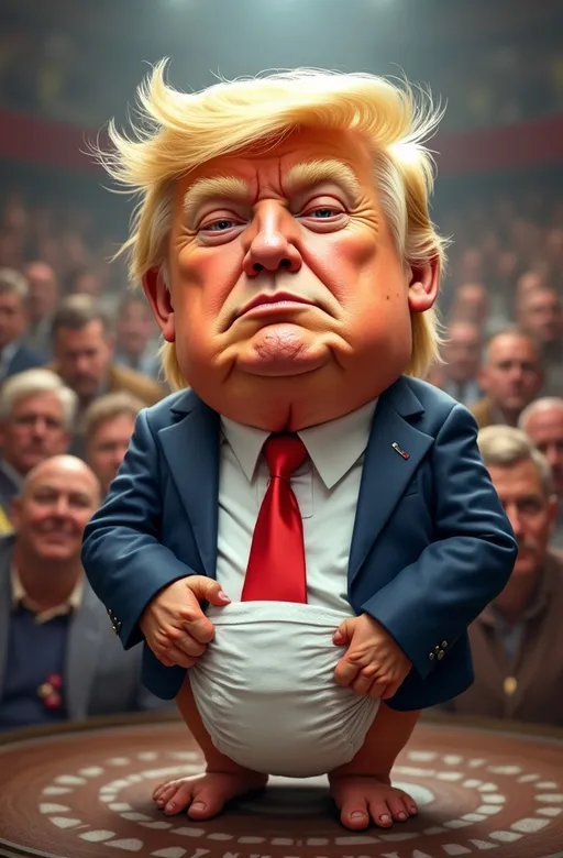 Prompt: Diaper Don, humorous portrayal of Donald Trump, weariness evident in his expression, oversized diaper contrasting with an elaborate suit, vibrant colors, cartoonish style, playful atmosphere, bold font amplifying the text "Diaper Don", whimsical background with a blurred audience, rich detail, high-quality 4K image, engaging caricature essence reflecting satire and comedy.