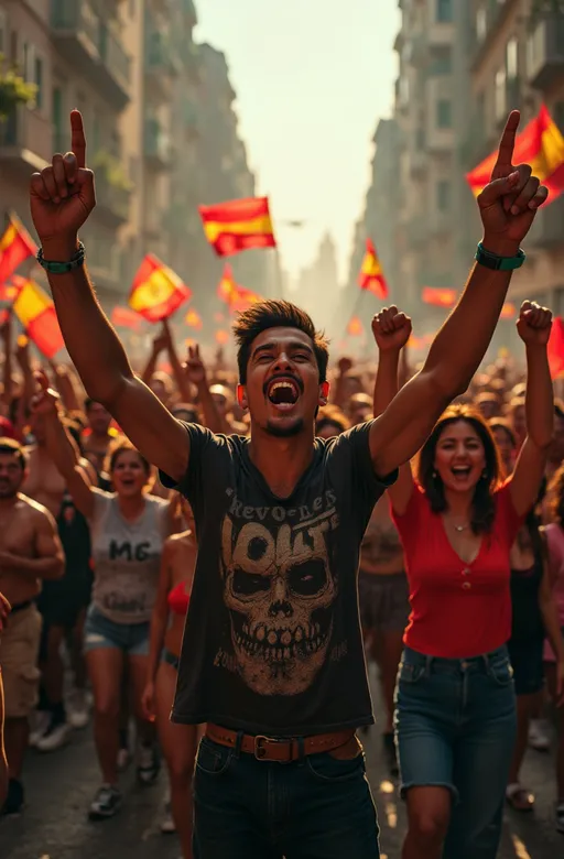 Prompt: Viva la revolución, a dynamic scene showcasing a passionate gathering of diverse individuals, vibrant colors radiating energy and spirit, intense expressions reflecting conviction, dramatic lighting casting bold shadows, banners of unity waving, in a city street filled with an atmosphere of hope and determination, ultra-detailed, cinematic, capturing the essence of a transformative movement, 4K quality.