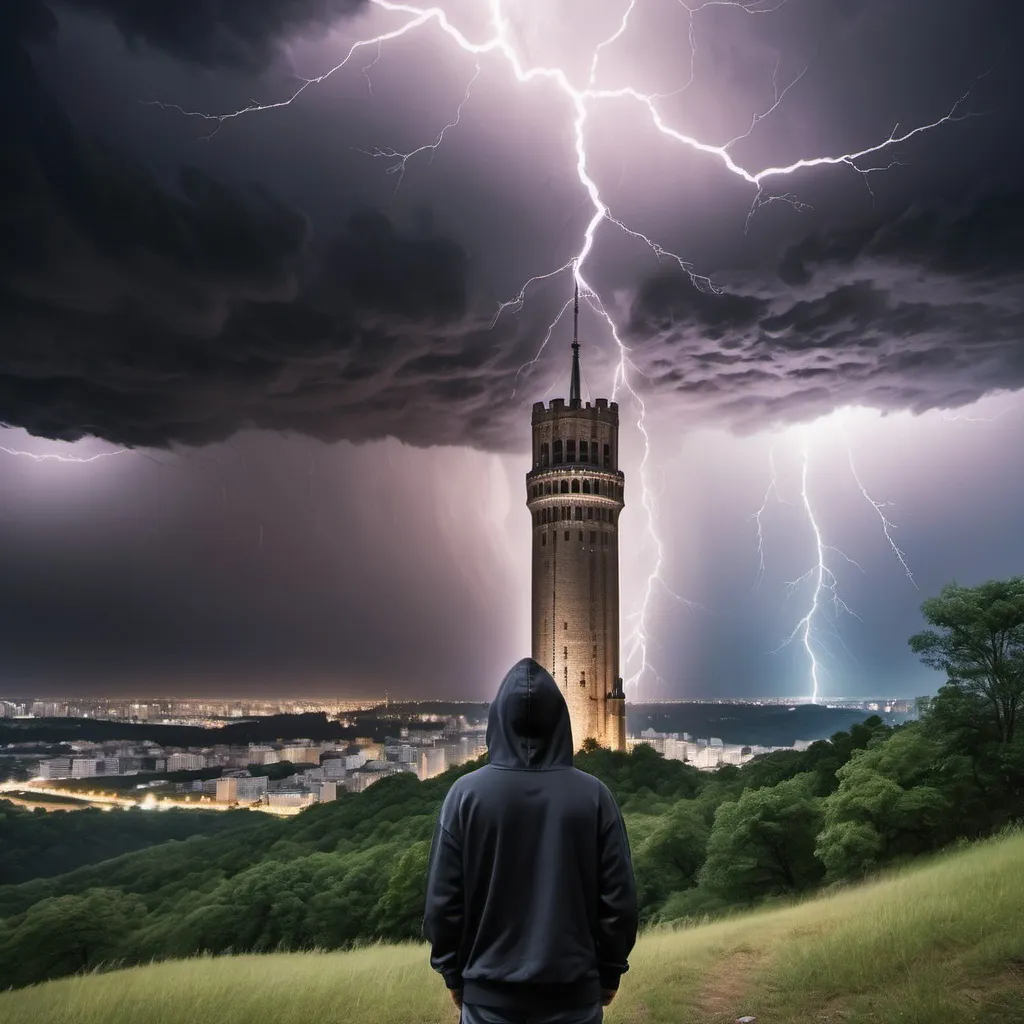 Prompt: man staring at the eye-full tower from hill with a hoodie on while a thunderstorm looking up at a tower