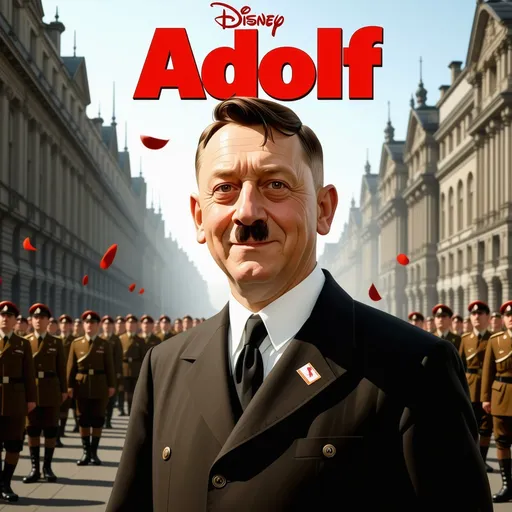 Prompt: A movie poster of Adolf Hitler standing in Berlin in 1945, his happy army in the background. It is animated in a Pixar style, and it looks like a Disney poster. The movies title is "Adolf"