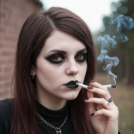 Prompt: evil goth girl smoking with brown hair ad no makeup 

