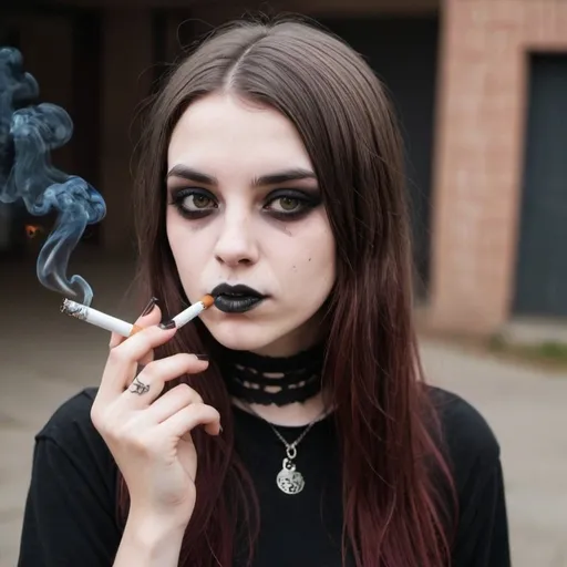 Prompt:  goth girl smoking with brown hair ad no makeup 

