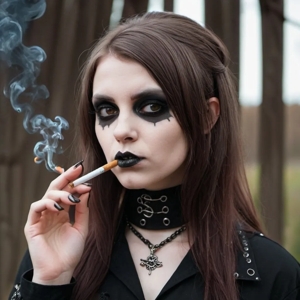 Prompt: evil goth girl with brown hair 
smoking

