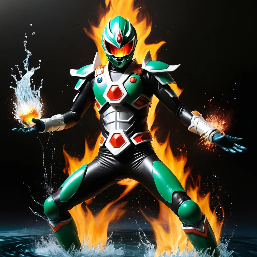 Prompt: Kamen rider avatar using fire and earth powers in 1 hand while using water and air powers in the other hand