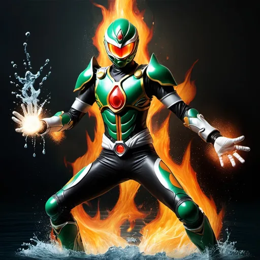 Prompt: Kamen rider avatar using fire and earth powers in 1 hand while using water and air powers in the other hand