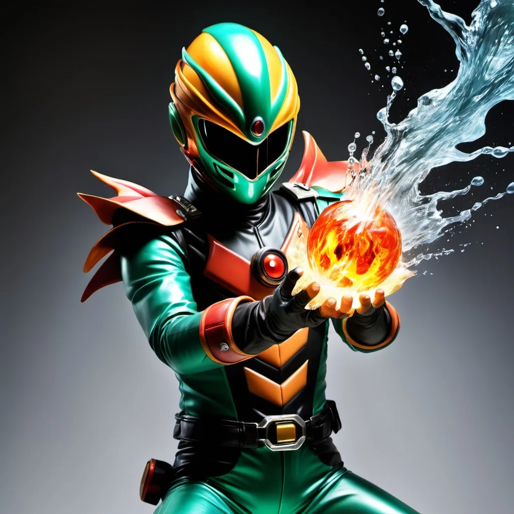 Prompt: Kamen rider avatar using fire and earth powers in 1 hand while using water and air powers in the other hand