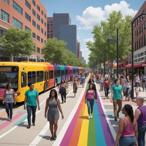 Prompt: Creating an image of a transit-oriented, pedestrian-friendly city with trans pride would involve several elements. Here's a description of what such an image might look like:

In the foreground, a diverse group of people, including transgender individuals, walk along wide, tree-lined sidewalks adorned with rainbow-colored crosswalks. The sidewalks are bustling with activity, with people of all ages, genders, and backgrounds engaging in conversation and enjoying the vibrant atmosphere.

In the center of the image, a modern and efficient public transit system is depicted, with sleek buses and trains traveling along dedicated lanes. The transit stops are accessible and clearly marked, with inclusive signage featuring trans pride colors and symbols.

Tall buildings with green rooftops dot the skyline, showcasing the city's commitment to sustainability and environmental consciousness. Pedestrian bridges and bike lanes crisscross the city, providing safe and convenient options for alternative modes of transportation.

Public spaces such as parks and plazas are filled with artwork and sculptures celebrating trans resilience and pride. Benches and seating areas are strategically placed, encouraging people to relax and enjoy the beauty of their surroundings.

Throughout the city, rainbow flags and banners flutter in the breeze, symbolizing inclusivity, acceptance, and support for the LGBTQ+ community. Street vendors and market stalls offer a variety of goods, reflecting the city's diverse cultural heritage.

Overall, the image portrays a vibrant and welcoming city where everyone, including transgender individuals, feels safe, respected, and valued. It serves as a visual representation of the importance of creating inclusive urban environments that prioritize the needs and well-being of all residents.